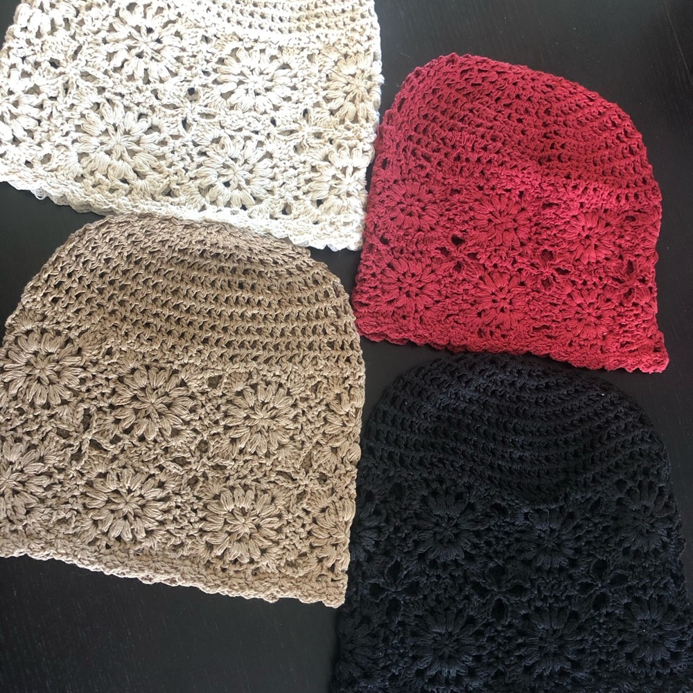 4 Crocheted Hats.  Black, Maroon, cream &Taupe. One size fits all